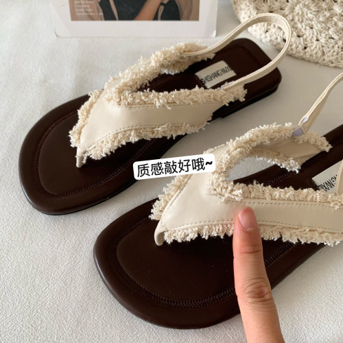 自留温柔舒适！INS温柔仙女风夹趾凉鞋软软凉拖夏波西米亚罗马鞋 - 图0