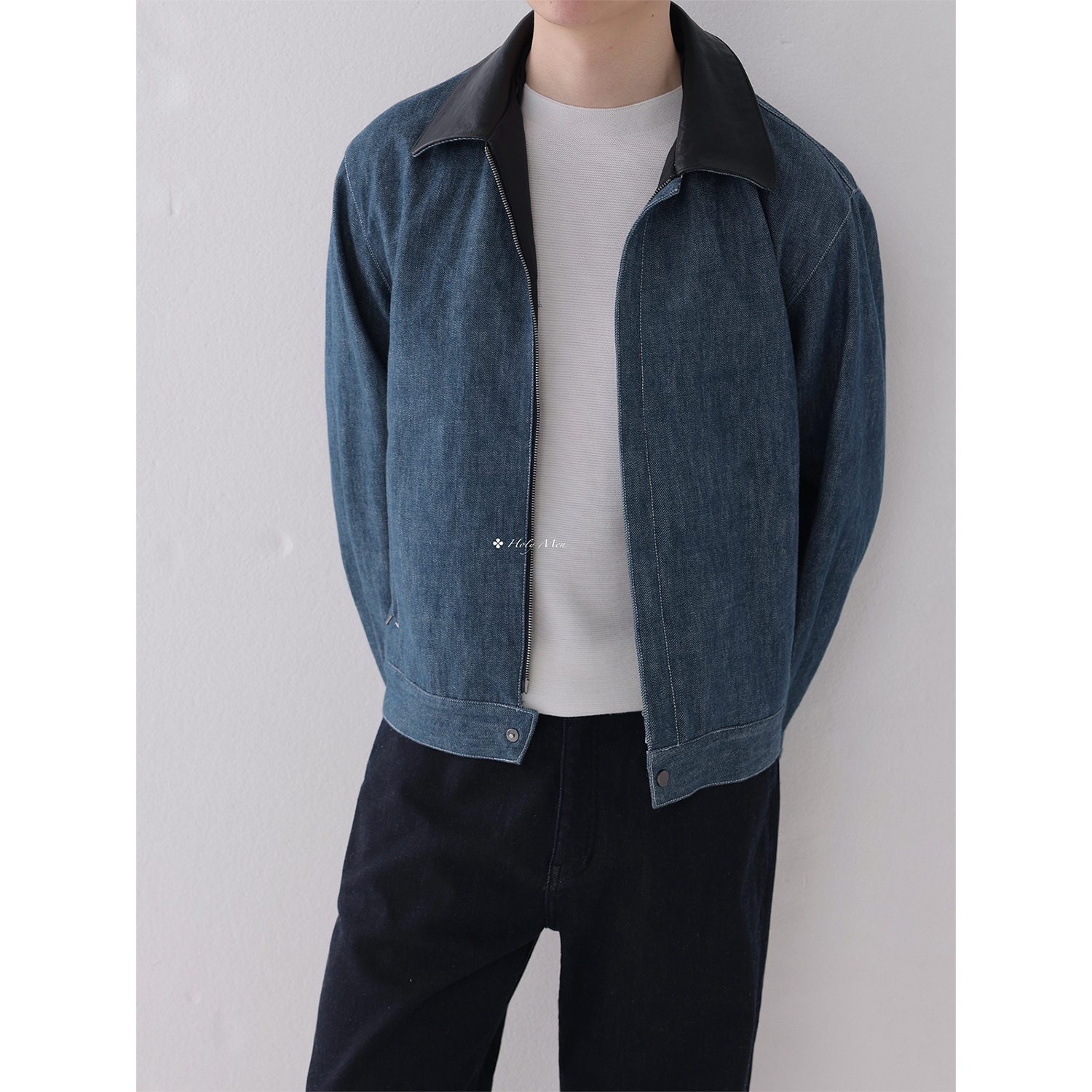 HolyMen | 植鞣牛皮领拼接獭兔马甲岗山牛仔外套,淘宝优惠券,粉丝福利购,淘宝优惠卷