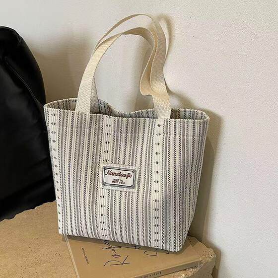 Ins Japanese style bag women's 2024 canvas bag fashionable striped shoulder school tote commuter school bag