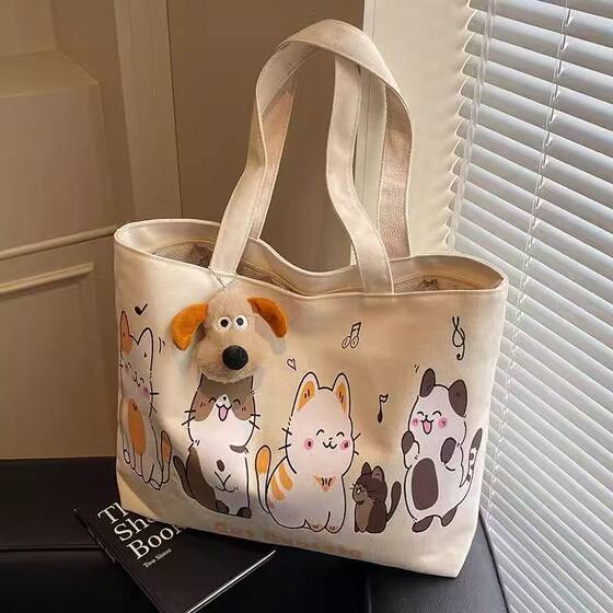 Cute Cartoon Canvas Bag Women's Large Capacity 2025 New Casual Versatile Shoulder Bag Hand Bag Commuting Tote Bag