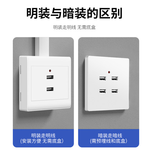 明装86型二四位USB插座220v转5v家用手机快充插座36v工地宿舍专用 - 图0