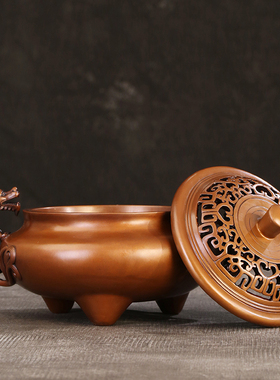 徽匠铜韵紫铜錾刻螭龙耳三乳足炉