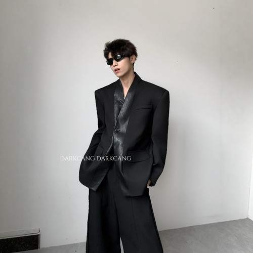 黑沧社/轻奢拼皮设计感贵气v领垫肩西装外套男秋季高级感廓形西服 - 图2