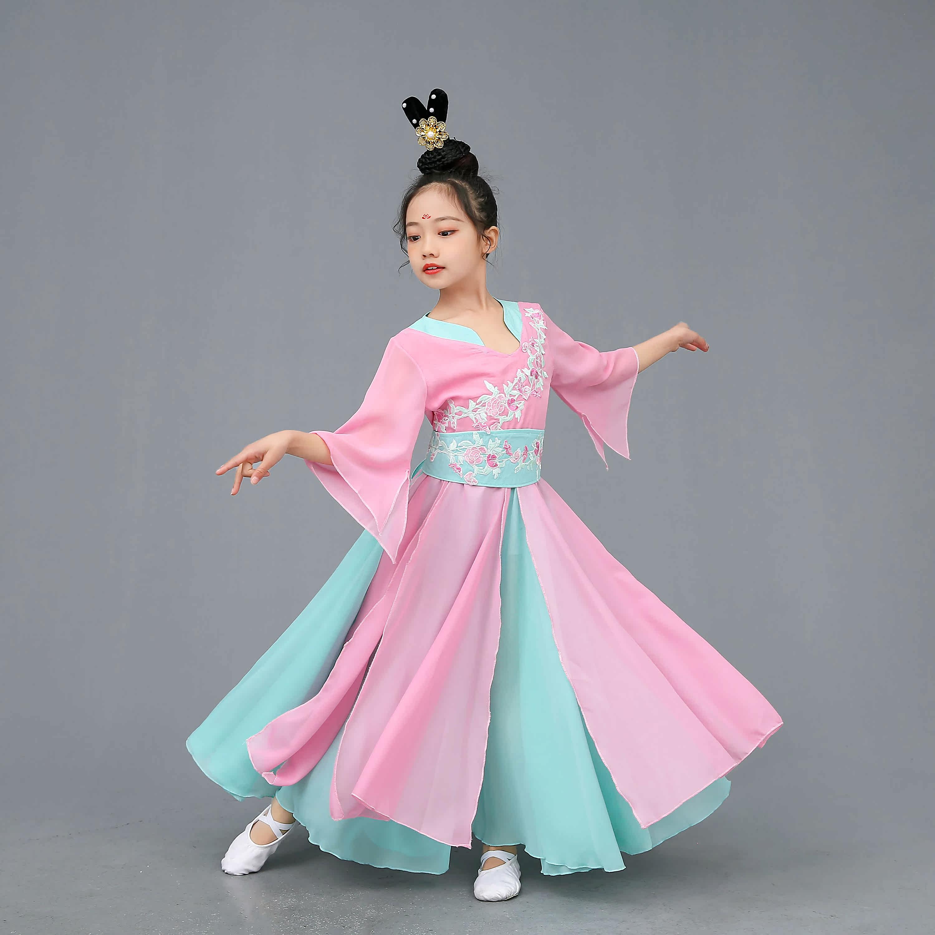 儿童古典舞蹈演出服飘逸扇子舞伞舞表演服中国风少儿汉唐舞蹈服新