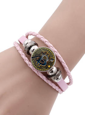 美国金币Bitcoin比特纪念币皮革手链男女通用复古多层编织手链