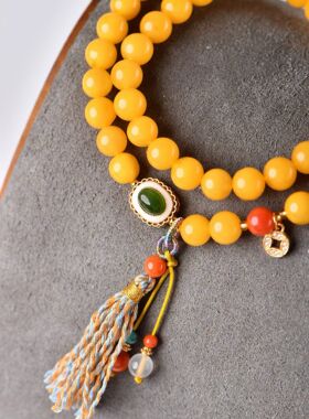 天然原矿保真帝王黄蜜蜡双圈手链搭配纯银镶嵌天然和田玉南红圆珠