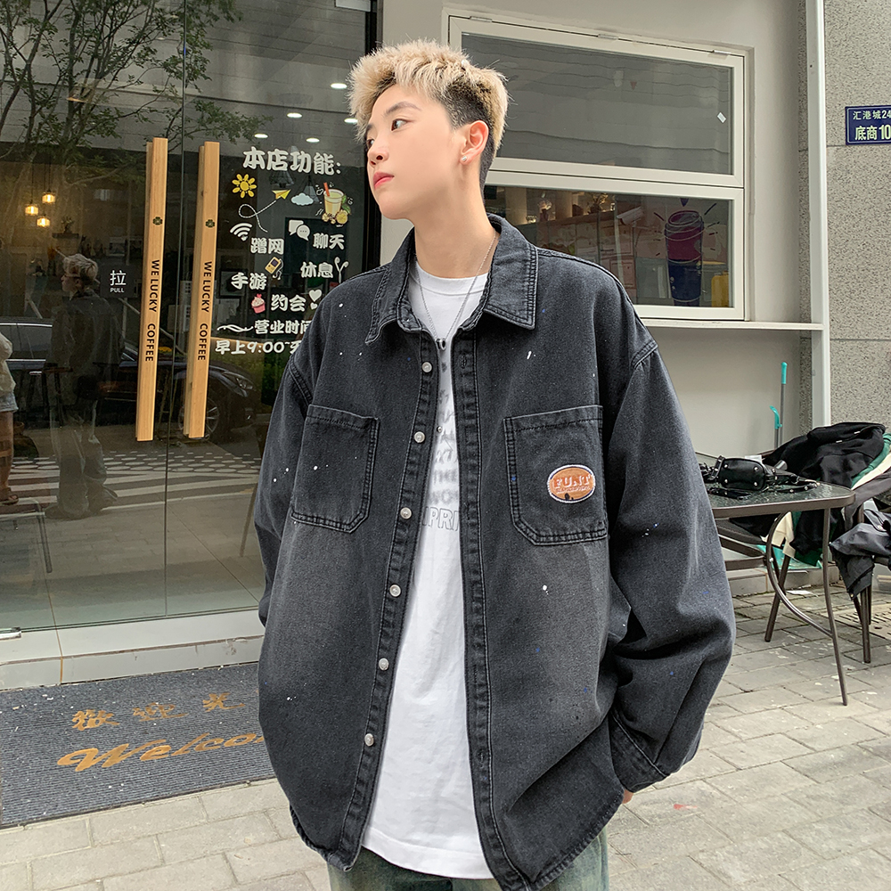 漆点泼墨牛仔衬衫男2025春秋新款美式水洗青少年宽松长袖衬衣外套 - 图1