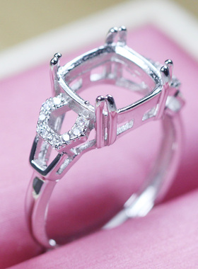 枕形正方形戒指托空托宝石戒托925纯银镀18K白金女款个性欧美活口