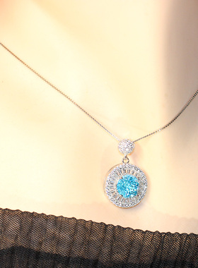 烟花切海蓝宝吊坠锁骨海洋项链女