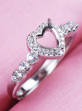 心形戒托女爱心宝石钻戒指空托免费镶嵌925纯银镀18K铂金戒拖开口