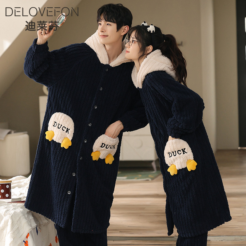 [北极绒提花]情侣冬季珊瑚绒加绒 迪莱芬睡衣/家居服套装