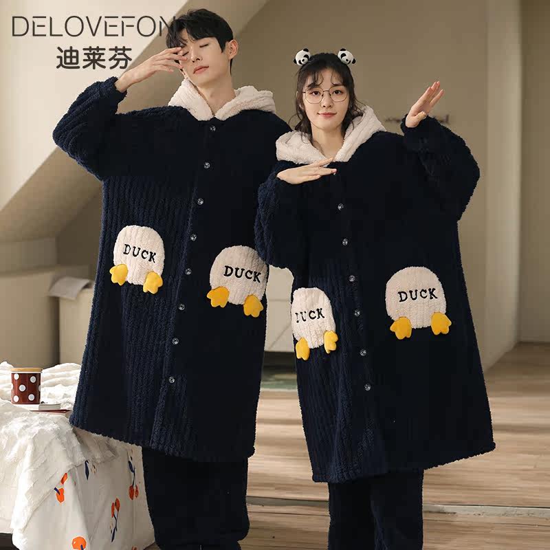 [北极绒提花]情侣冬季珊瑚绒加绒 迪莱芬睡衣/家居服套装