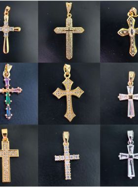 久不褪色纯铜镀18K真金十字架吊坠微镶金色银色粉色彩色十字架