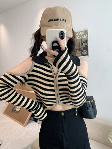 复古辣妹条纹POLO领针织拉链开衫女春秋露肩长袖短款露脐bm上衣潮 - 图1