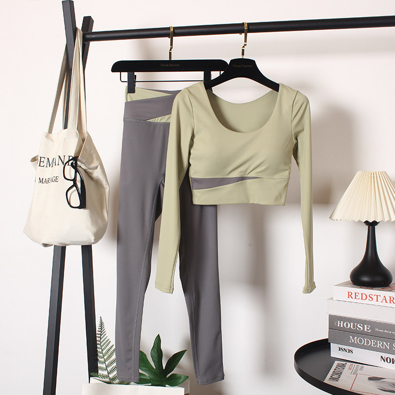 拼色健身服套装女秋冬新款专业训练跑步长袖运动网红瑜伽服含胸垫,淘宝优惠券,粉丝福利购,淘宝优惠卷