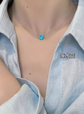 爆闪彩色锆石项链S925银单钻颈链人鱼湾隐形鱼线小众轻奢女士吊坠