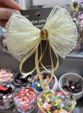 韩国东大门bebeprince儿童彩色亮片丝带蝴蝶结边夹发夹