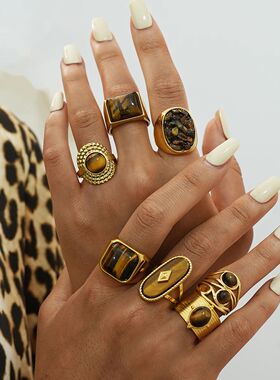 Fashion Brown Stone Stainless steel Ring Oval Alpaca Rings F