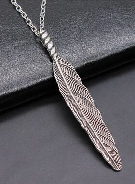 Antique Silver Plated 80x13mm Big Feather Pendant Necklace F