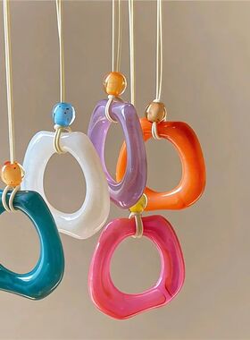 2026 Trendy Colorful Resin Geometry Pendant Long Rope Chain