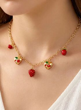 Romantic Red Cherry Heart Charm Necklace for Women Gold Colo