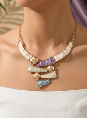 Boho Colorful Enamel Geometric Bib Necklace Hammered Stateme