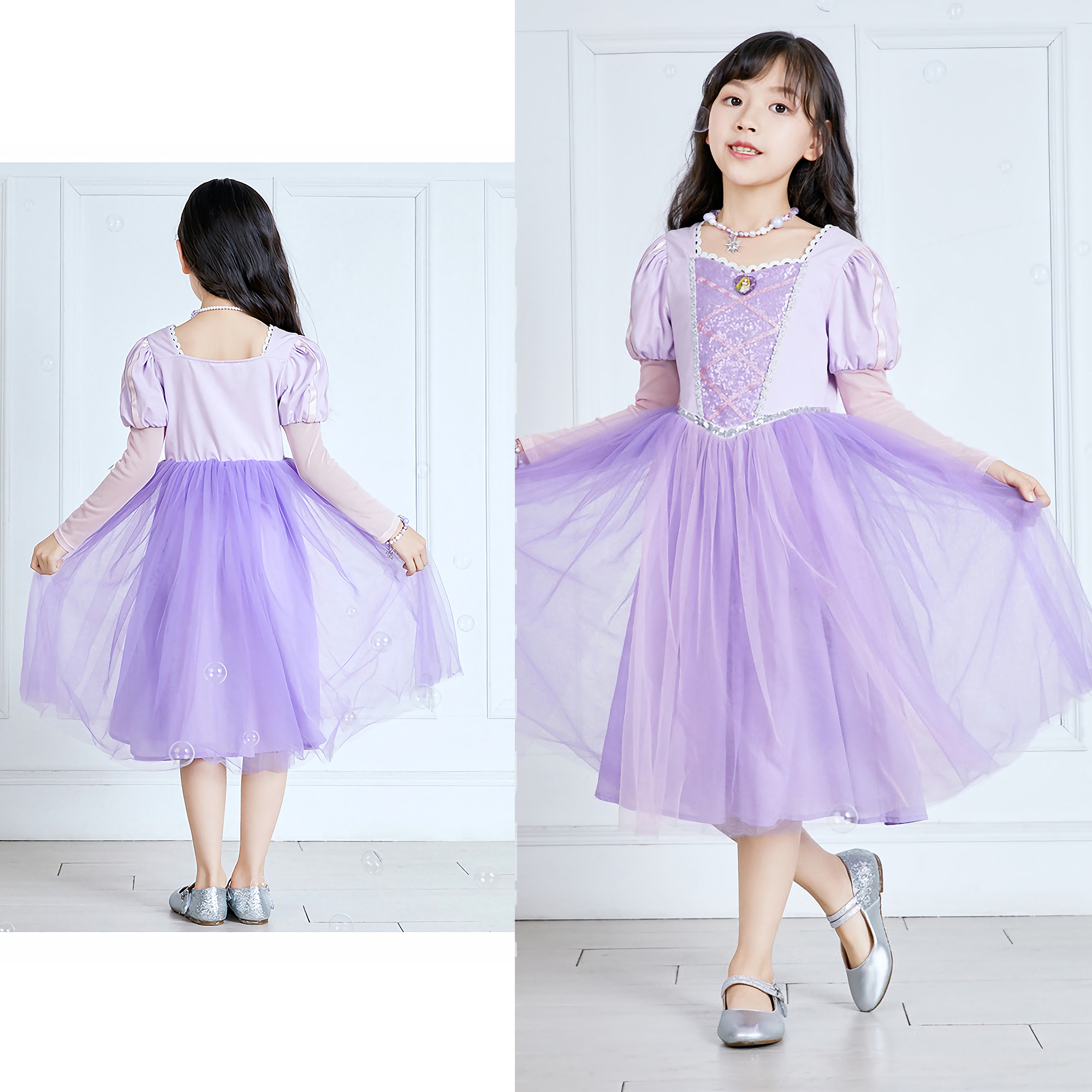 迪士尼乐佩长发白艾莎灰姑娘仙蒂爱洛睡美人公主裙礼服女童演出服 - 图0