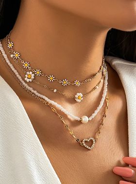 4Pcs Vintage Sunflower Flower Clavicle Chain Necklace for Wo