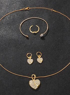 Women's Quartz Watch Gold  Women Ring Necklace Earring Rhine