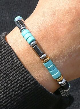 Fashionable Turquoise Black Stone Bead Bracelet Handmade Ela