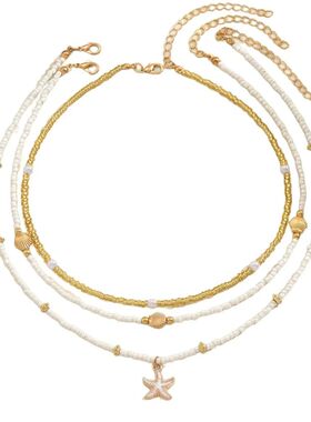 Summer Bead Stacked Choker Delicate Starfish Shell Pendant N