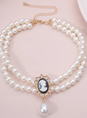 Layered Short Pearl Choker Necklace for Women White Beads Ne