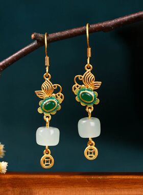 Ethnic Chinese Jade Pendant Earrings for Women Retro Palace