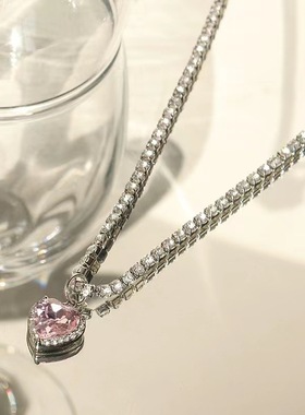 Pink Heart Pendant Necklace for Women Lovers Rhinestione Cla