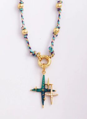 Star Celestial Blue Green Evil Eye Long Knot Beaded Necklace
