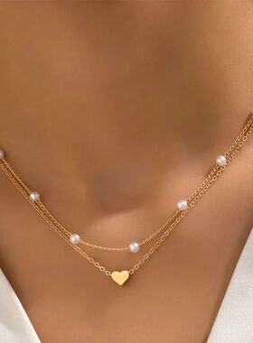 LATS Multilayer Pearl Cross Love Heart Pendant Necklaces for