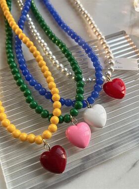 New Trend Vintage Resin Acrylic Pink Love Heart Green Beaded