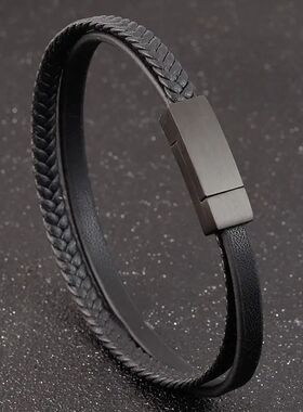 Jiayiqi Double-layer Braided Leather Bracelet for Men Black/