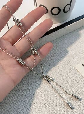Double Layered Silver Color Bead Necklace Simple Thin Chain