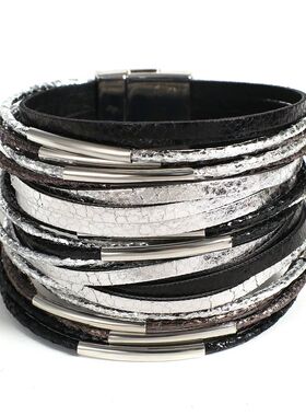 Trendy Metal Tube Leather Bracelet for Women Men Chunky Glit