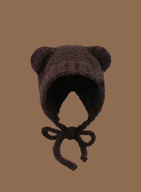 Fashion Y2k Bear Ear Wool Hat Ear Protection With Rope Knitt