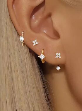 4PCS Zircon Heart Moon Flower Small Hoop Earrings Set For Wo