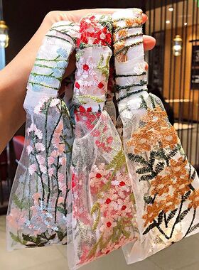 Female Ethnic Hairbands Elastic Embroidery Lace Flower Headb