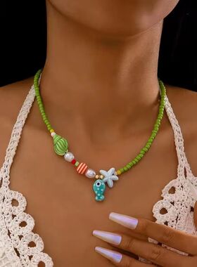 Summer Colorful Ceramic Fish Starfish Pendant Beaded Choker
