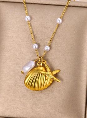 Vintage Starfish Shell Pearl Necklace For Women Gold Color S
