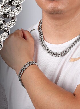 Alloy Chain Full Diamond Buckle 12mm Round Necklace Hip Hop
