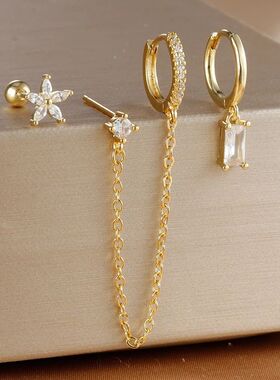 3PCS Gold Plated Lightning Flower Chain Drop Earrings Set fo