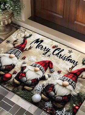 Christmas Gnome Door Mat Plaid Pattern Welcome Rug Festive H