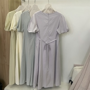 Lilac Puff Sleeve Drape Dress ແມ່ຍິງລະດູຮ້ອນປີ 2024 ໃໝ່ຝຣັ່ງ ແອວສູງ Slim ອອກແບບ A-Line ສິ້ນກະໂປງຍາວ