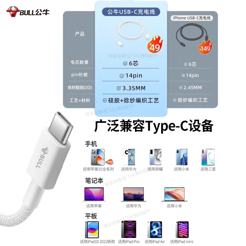 公牛正品苹果15充电线双口typec线适用华为小米平板iPhone15ProMax手机充电器快充数据线